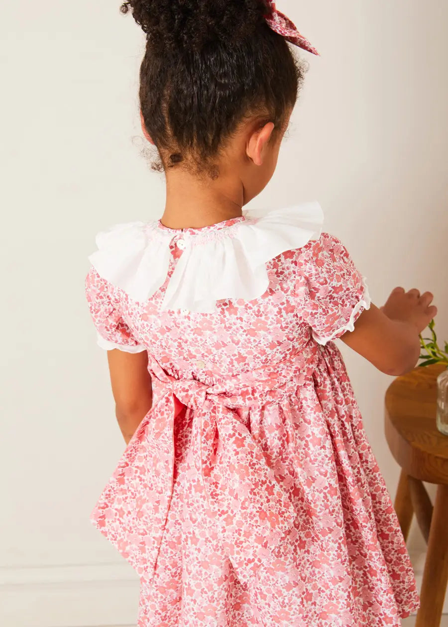 Emilia Floral Hand Smocked Ruffle Collar Short Sleeve Baby Girl Dress - Pink (Size 12 Months to 10 Years) | Perfect for Birthday Parties, Photo Shoots & Special Occasions