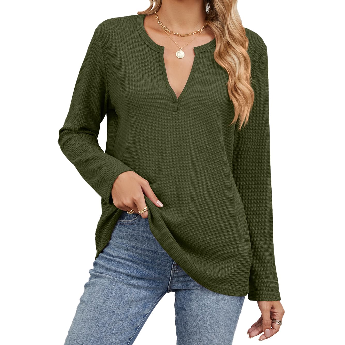 Women's V-Neck Waffle Knit Long Sleeve Tunic T-Shirt - Casual Solid Pullover Sweater Top for Everyday Wear, Office & Fall Outfits
