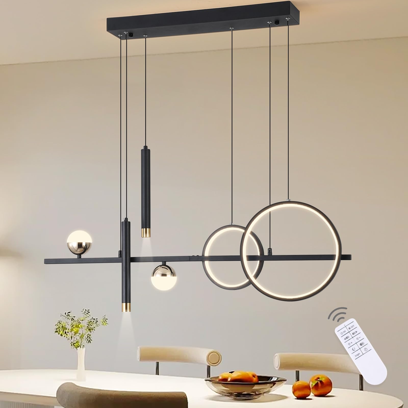 Modern LED Pendant Lights - Dimmable 39-inch Linear Wave Chandelier in Black & Gold, 2700lm Warm White Lighting for Dining Room, Kitchen Island & Table Decor | Energy-Efficient Hanging Fixture for Home & Restaurant Interior Design