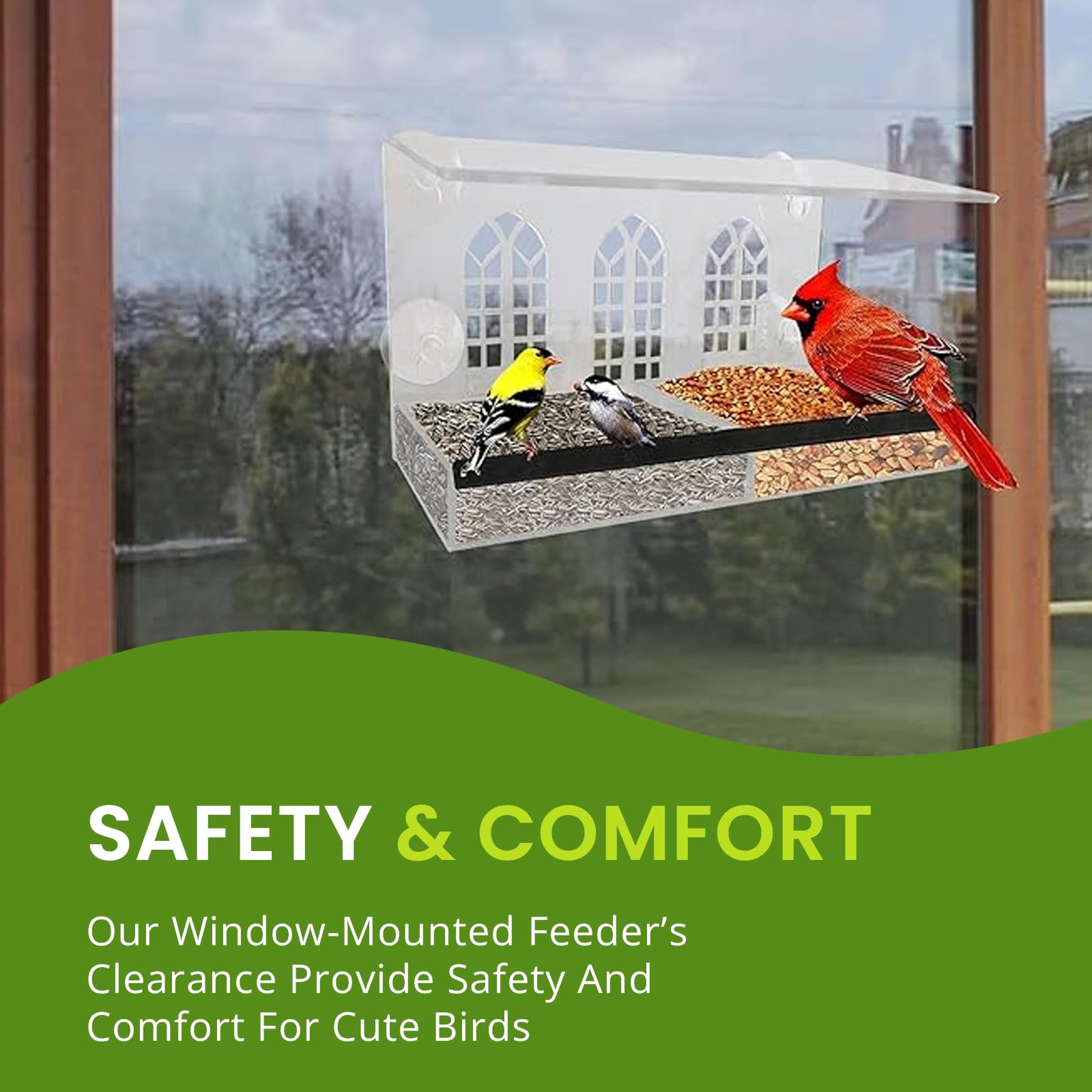 Nature Gear Acrylic Clear Window Bird Feeders - Weather Resistant, Easy to Clean with Sliding Tray & Strong Suction Cups - Perfect for Bird Watching at Home, Office, or Garden