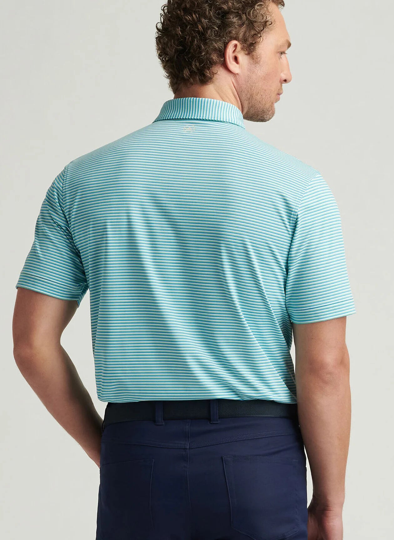 **Peter Millar Men's Short Sleeve Polo Shirt - Green & Blue Stripe - Casual & Golf Wear**
