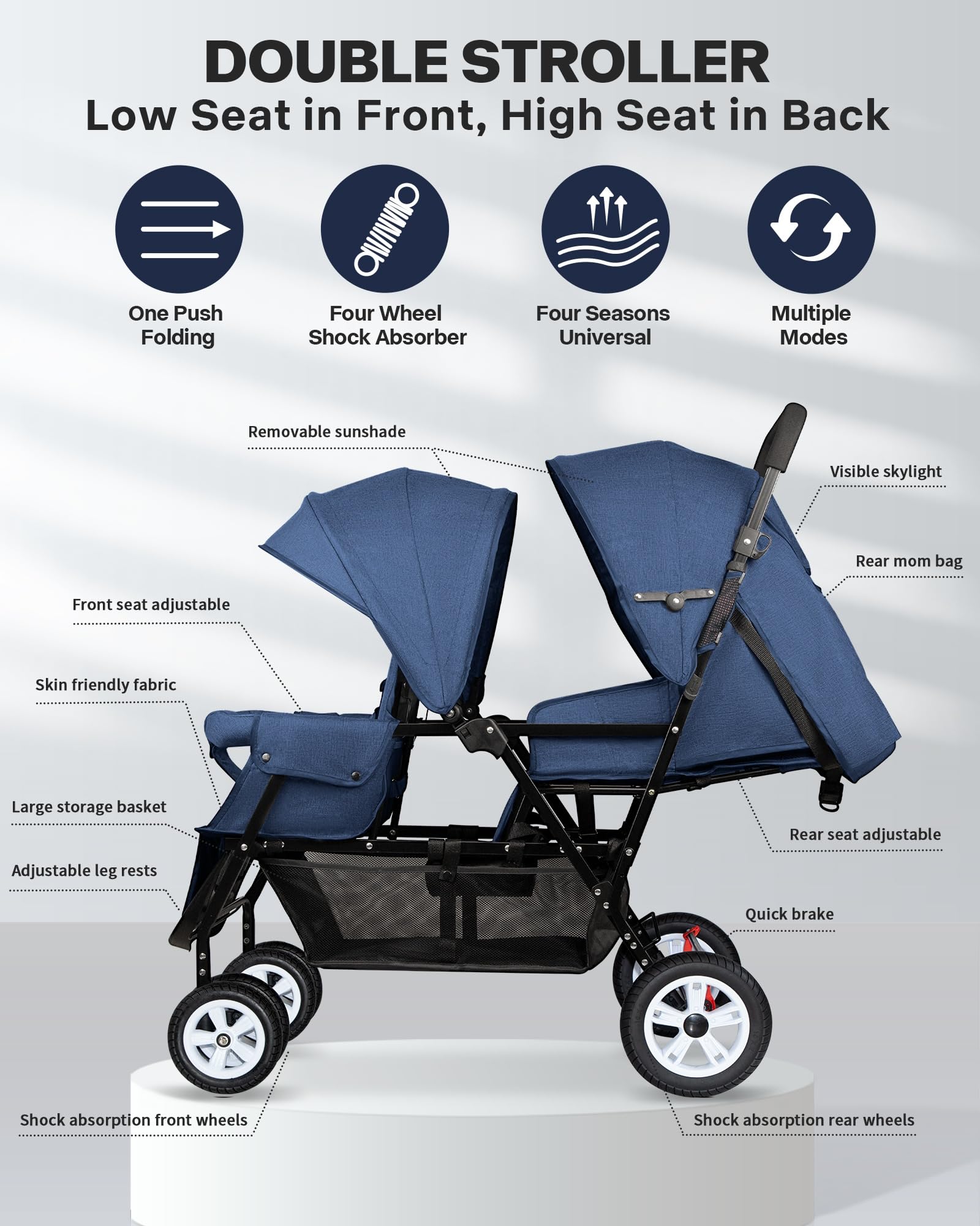 Premium Double Stroller for Infants & Toddlers - Foldable Tandem Baby Stroller with Adjustable Backrest, Mosquito Net & Accessories (Blue) - Perfect for Twins, Siblings or Daycare Outings