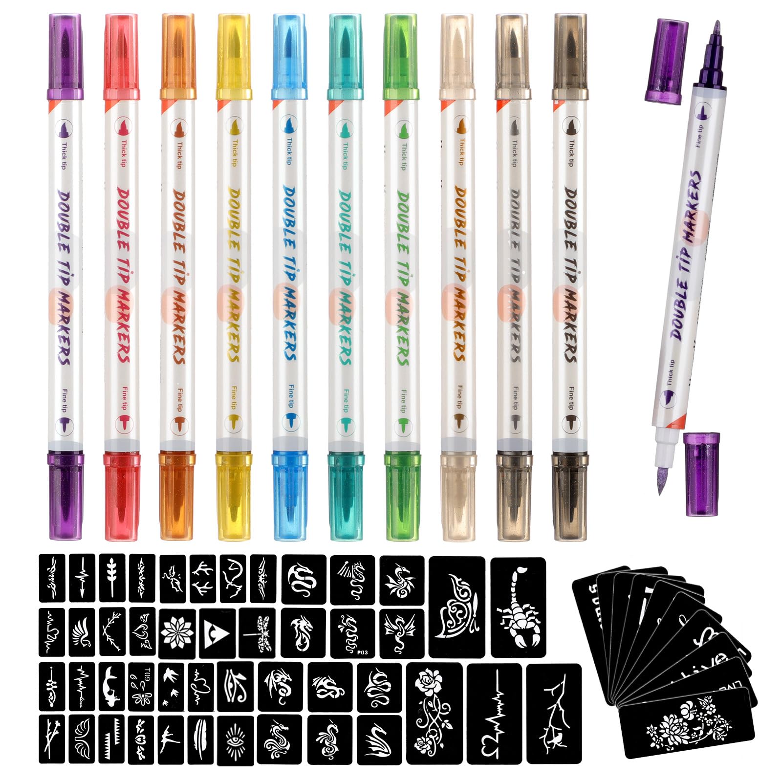 HAWINK Temporary Tattoo Markers Kit - 10 Dual-End Body Markers & 56 Large Stencils for Kids & Adults | Bold & Fine Line Drawing | Non-Toxic Cosmetic-Grade Ink | Perfect for Parties, Halloween & Creative Body Art | ZYH2208001KIT