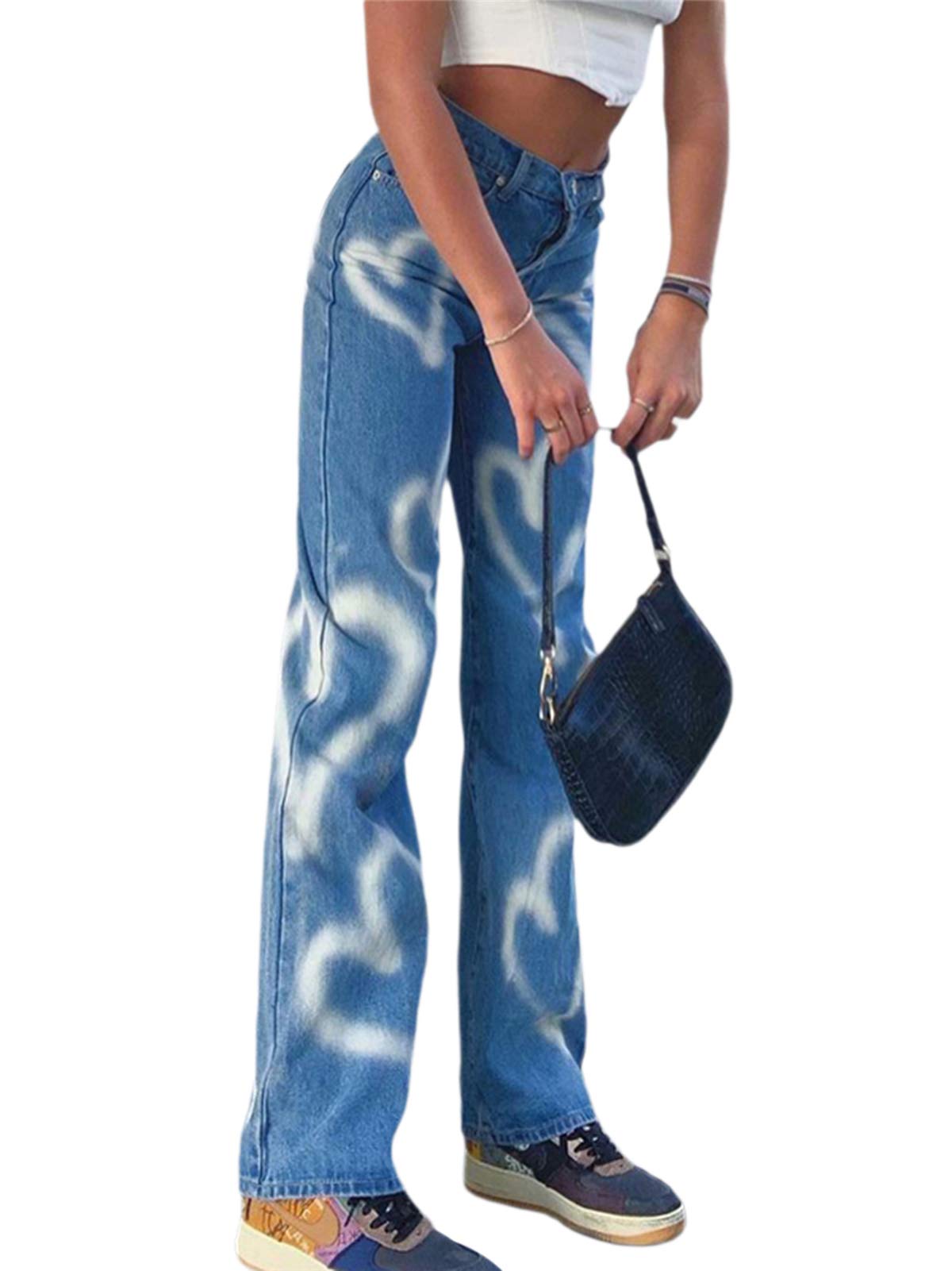 Women's High Waist Wide Leg Jeans with Heart Print - Straight Leg Flared Denim Pants with Pockets | Loose Streetwear Trousers for Casual Outings, Date Nights & Fashionable Everyday Wear