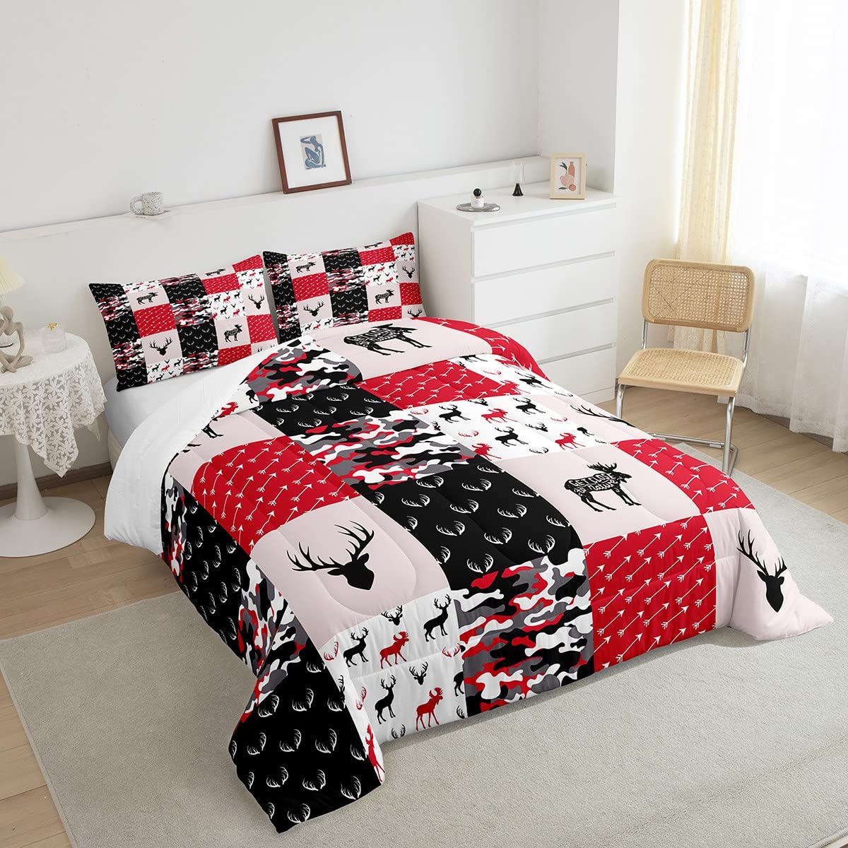 **Erosebridal Boys Camo Comforter Set - Deer Silhouette Bedding for Kids, Teens & Adults | Black White Red Camouflage Quilted Comforter with Antlers Grid Checkered Design & 2 Pillowcases | Cozy Bedroom Decor for Boys, Hunting & Outdoor Theme Rooms**