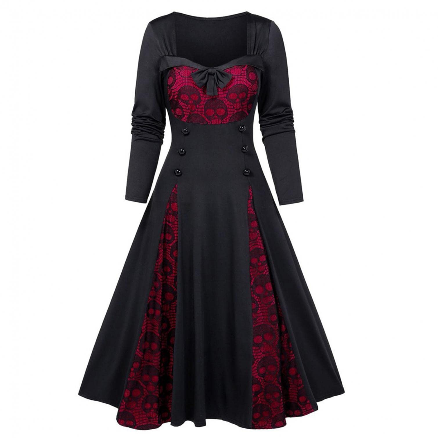 Gothic Women's Plus Size Formal Lace Patchwork Dress with Bow - Long Sleeve Punk Asymmetrical Button Down Dress for Halloween, Cosplay, and Alternative Fashion