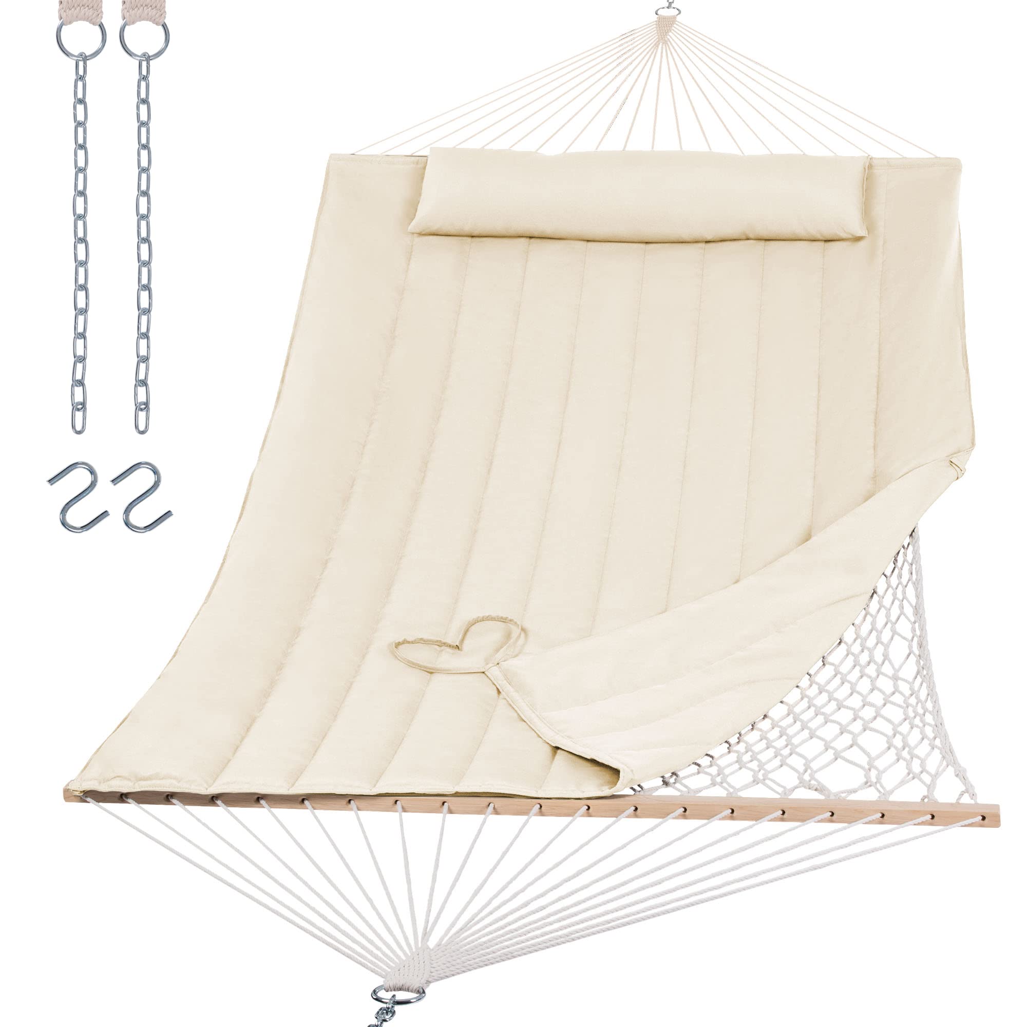 Premium 2-Person Hammock with Hardwood Spreader Bar - Heavy Duty 475 lbs Capacity Outdoor Rope Hammock with Soft Polyester Pad - Beige Color for Backyard, Patio, Beach & Camping Relaxation