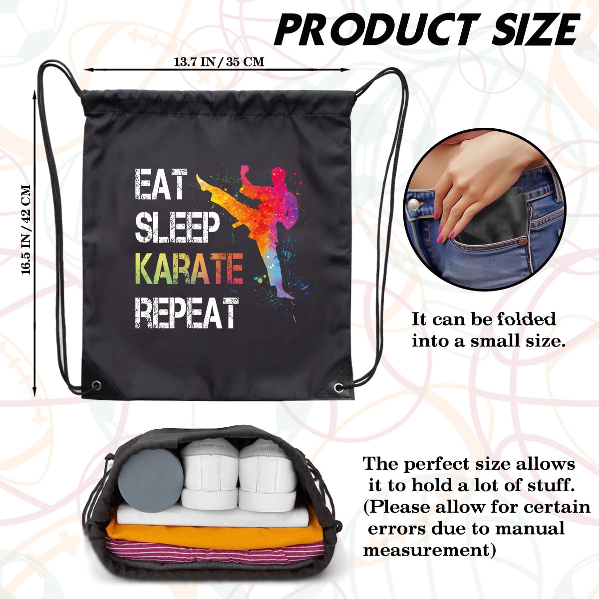 Eat Sleep Karate Repeat Drawstring Backpack - Waterproof Sports Sackpack for Karate Lovers - Funny Birthday Christmas Gift for Men & Women - Perfect for Gym, Martial Arts Training & Travel Accessories