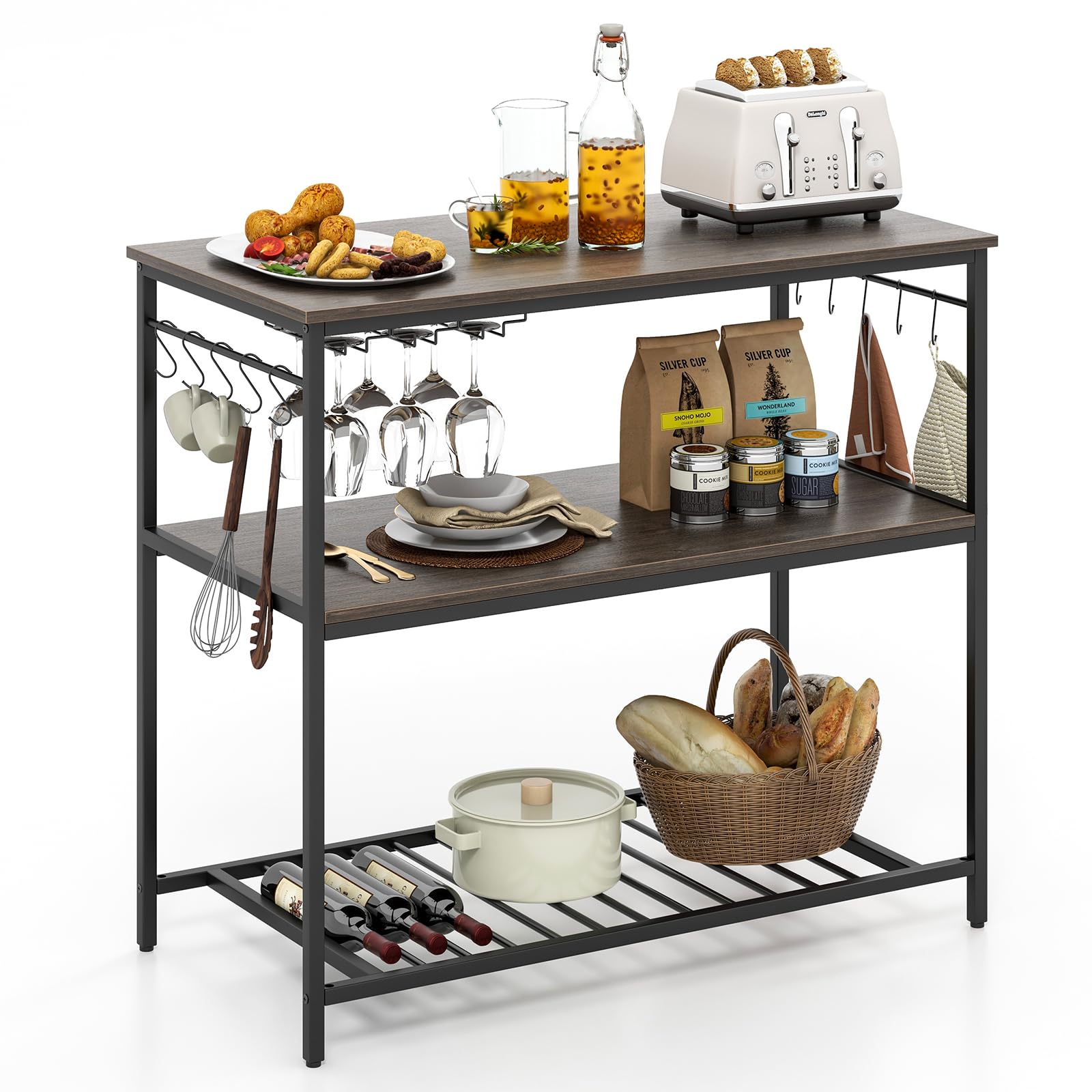 Giantex 48 Inch Kitchen Island with 3-Tier Storage Shelves | Industrial Baker Rack with Spacious Worktop | Sturdy Metal Frame Kitchen Cart | Easy Assembly (Gray & Black) | Perfect for Small Kitchens, Home Bakeries & Food Prep Stations
