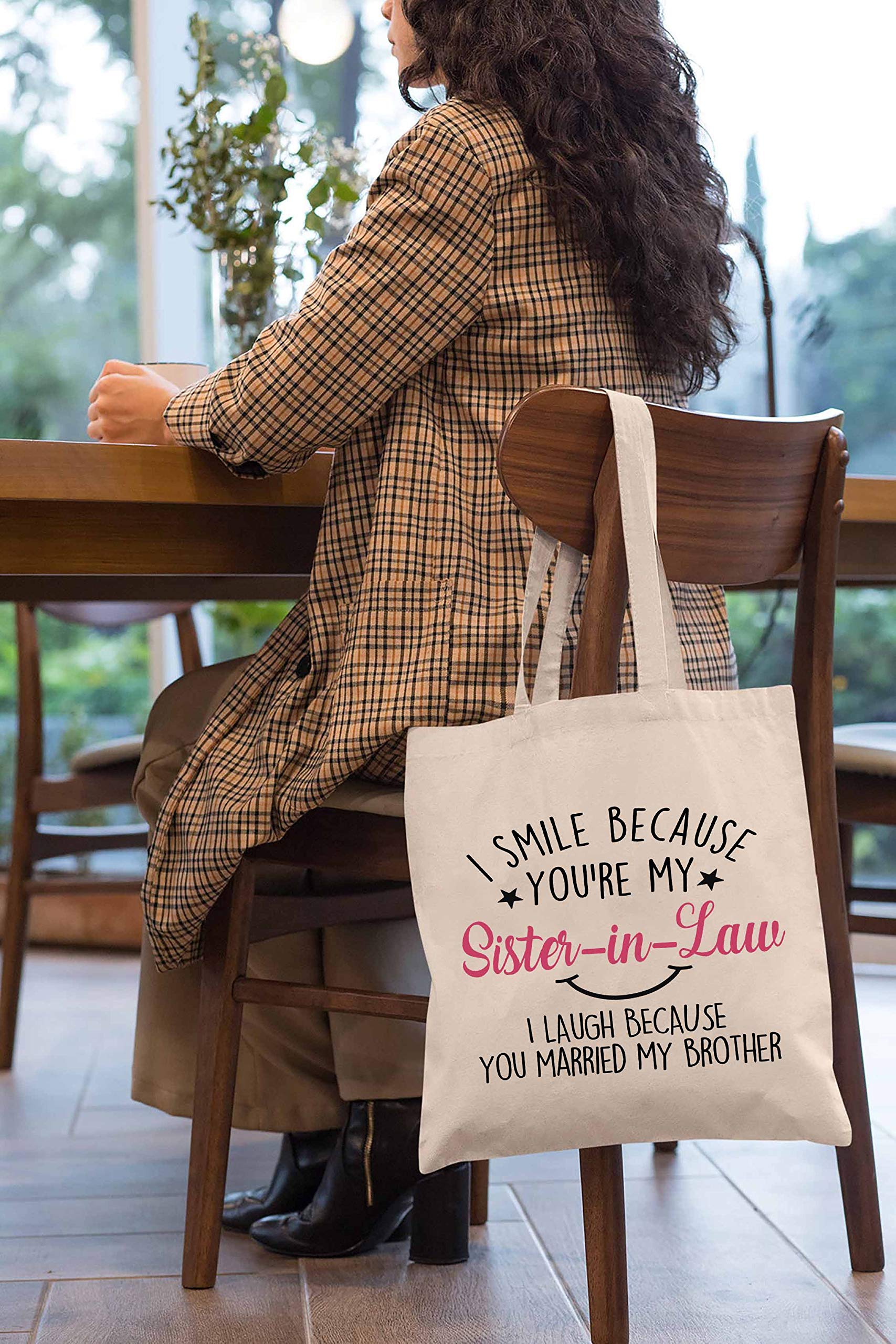 Funny Sister-In-Law Gift - I Smile Because You're My Sister In Law Shoulder Tote Bag - Unique Family Gag Present for Birthday & Special Occasions - Perfect for Shopping, Work, or Casual Outings