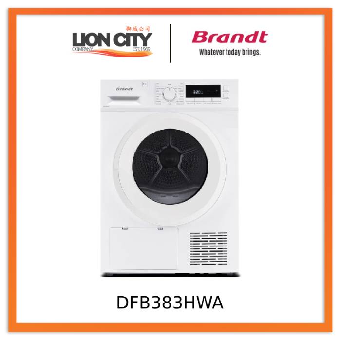 Brandt DFB383HWA 8kg Heat Pump Condenser Dryer - Energy Efficient, Quiet Laundry Appliance for Home & Apartment Use | Perfect for Small Spaces & Eco-Friendly Drying