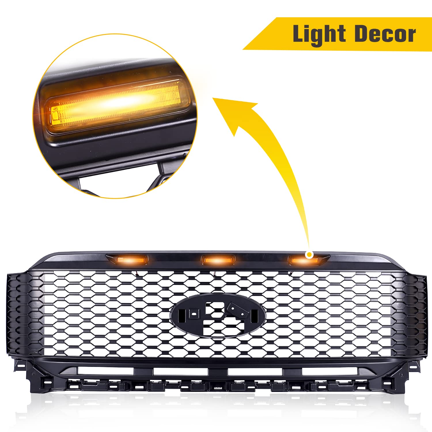 Matte Black Mesh Front Grill Replacement with 3 Amber LED Lights for Ford F-150 2021-2022 | Off-Road & Street Style Upgrade