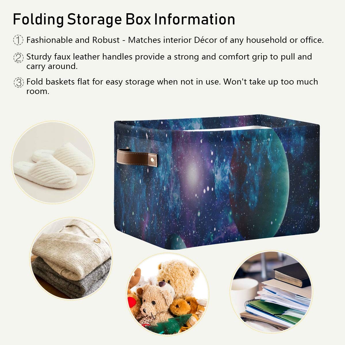 AUUXVA Collapsible Storage Bins with Handles - Large Rectangular Fabric Storage Cubes for Toys, Clothes & Home Organization | Space-Themed Galaxy Design for Nursery, Bedroom, Office & Closet