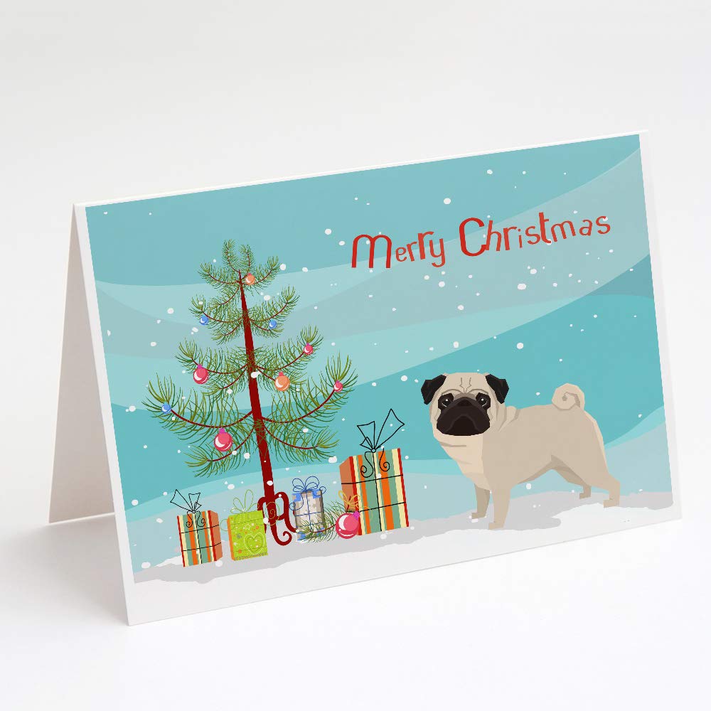 Pug Christmas Tree Greeting Cards - Pack of 8 Blank A7 Cards (5x7 inches) with Envelopes | Whimsical Holiday Note Cards for Christmas Wishes, Party Invitations & Festive Greetings