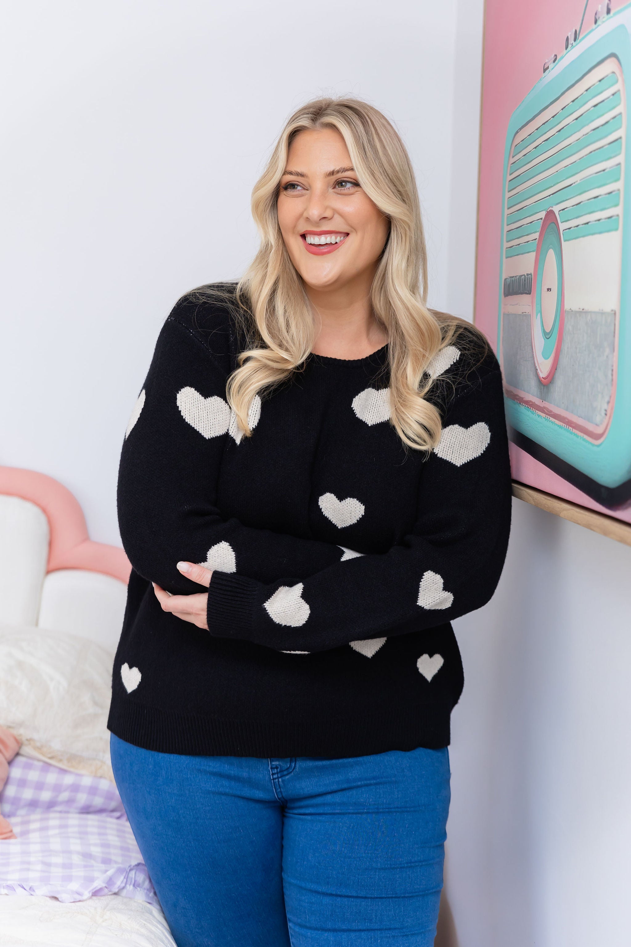 Amor Knit Jumper Women's Black Sweater with Cream Heart Pattern - Cozy Winter Pullover for Casual Outfits & Date Nights