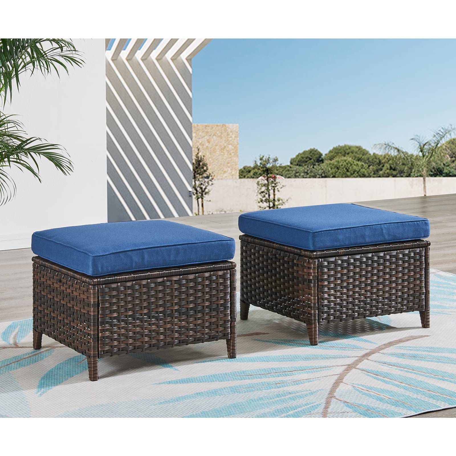 HUMMUH Outdoor Ottomans Set of 2 - PE Wicker Steel Frame Footstools with Removable Weather-Resistant Cushions for Patio, Backyard, Garden - Perfect as Additional Seating or Side Tables
