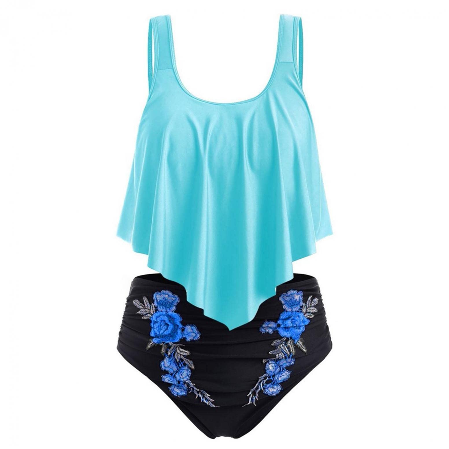 Sunflower Print Tankini Swimsuits for Women - High Waisted Bikini Bottom with Ruffle Bandeau Top | Boho Chic Beachwear for Pool, Vacation & Summer Outfits