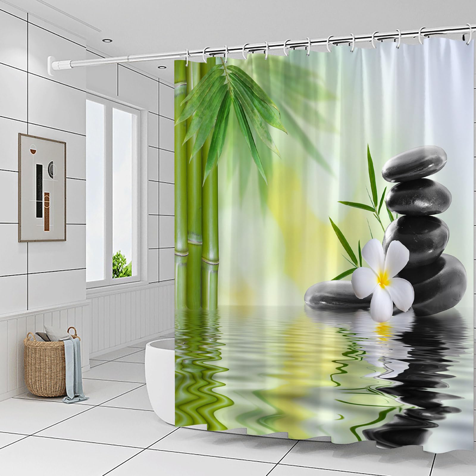 Zen Garden Shower Curtain Set - Spa Green Bamboo & Black Stone Design with White Flowers | 70x70 Inch Machine Washable Polyester Fabric with Hooks | Perfect for Bathroom Decor, Relaxing Spa Atmosphere & Asian-Inspired Home Décor