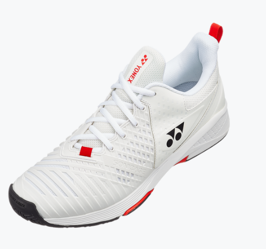 Yonex Power Cushion Sonicage 3 Men's Tennis Shoes for All Court Surfaces - White/Red - Lightweight Cushioned Sneakers for Competitive Play & Training