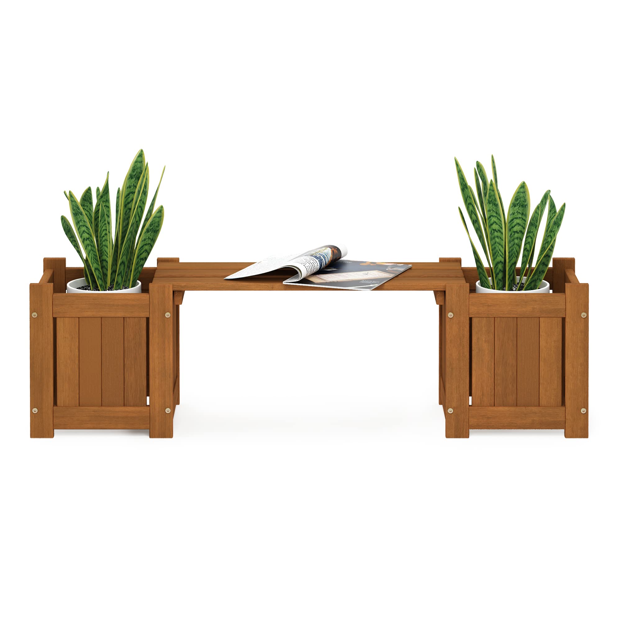 Furinno Tioman Hardwood Mini Outdoor Planter Box with Bench - Rustic Garden Decor for Plants, Flowers & Herbs - Perfect for Patio, Balcony, Backyard & Small Outdoor Spaces