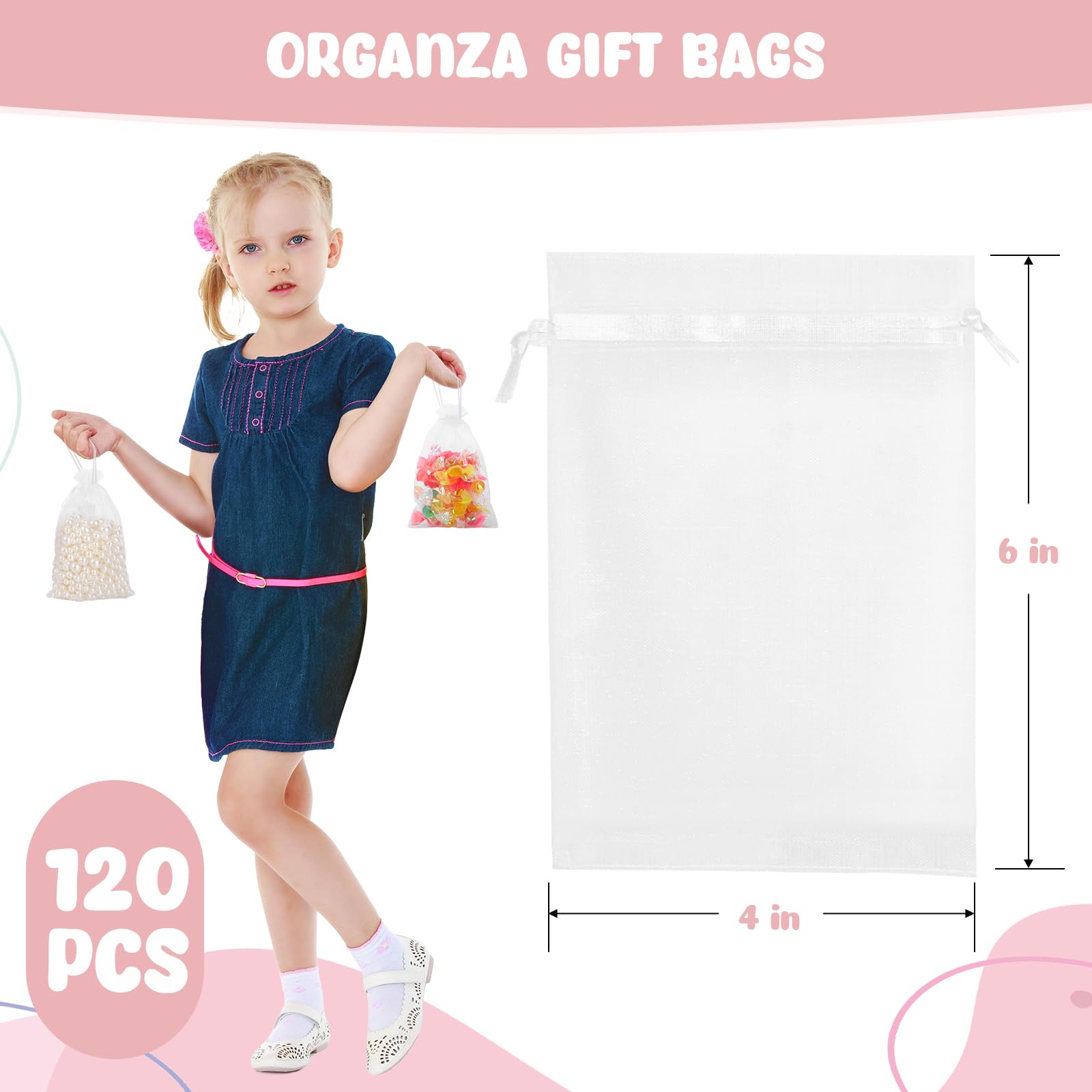 VGOODALL 120PCS White Organza Drawstring Bags 4x6 Inch - Sheer Wedding Favor Pouches, Jewelry Gift Bags, Candy Party Favors | Perfect for Bridal Showers, Baby Showers, Birthday Parties & Holiday Gifts