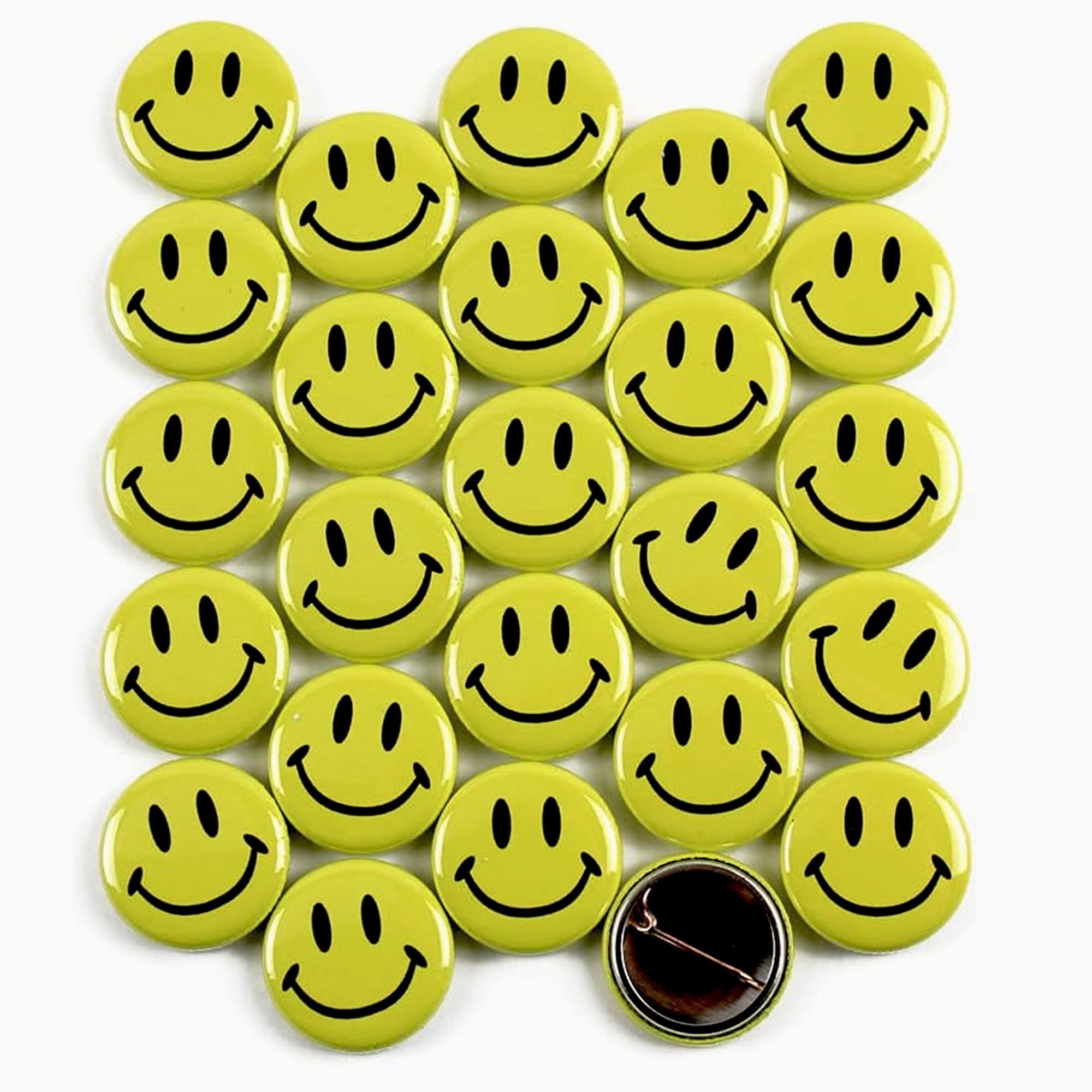 Smiley Face Pinback Buttons - 1 Inch Round Metal Badges with Secure Pin Backing (25 Pack) - Durable Emoji Pins for Backpacks, Jackets & Accessories - Perfect for Parties, Giveaways, School Events & Everyday Fashion