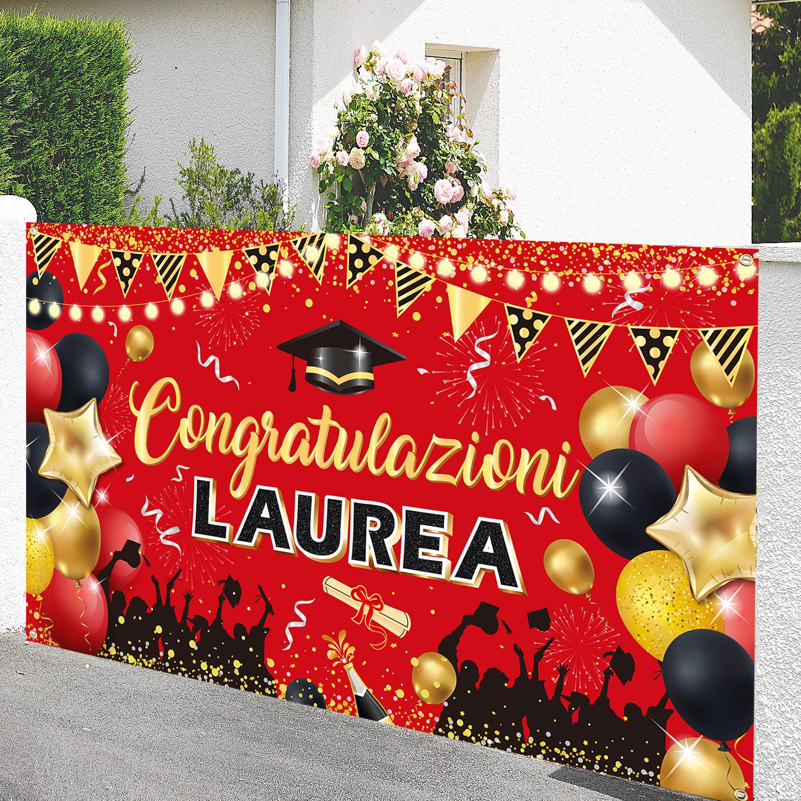 DPKOW 2025 Graduation Banner - Italian Themed Large Red Fabric Congratulations Flag (180x110cm) - Perfect for University Graduation Party Decorations & Celebration Backdrop