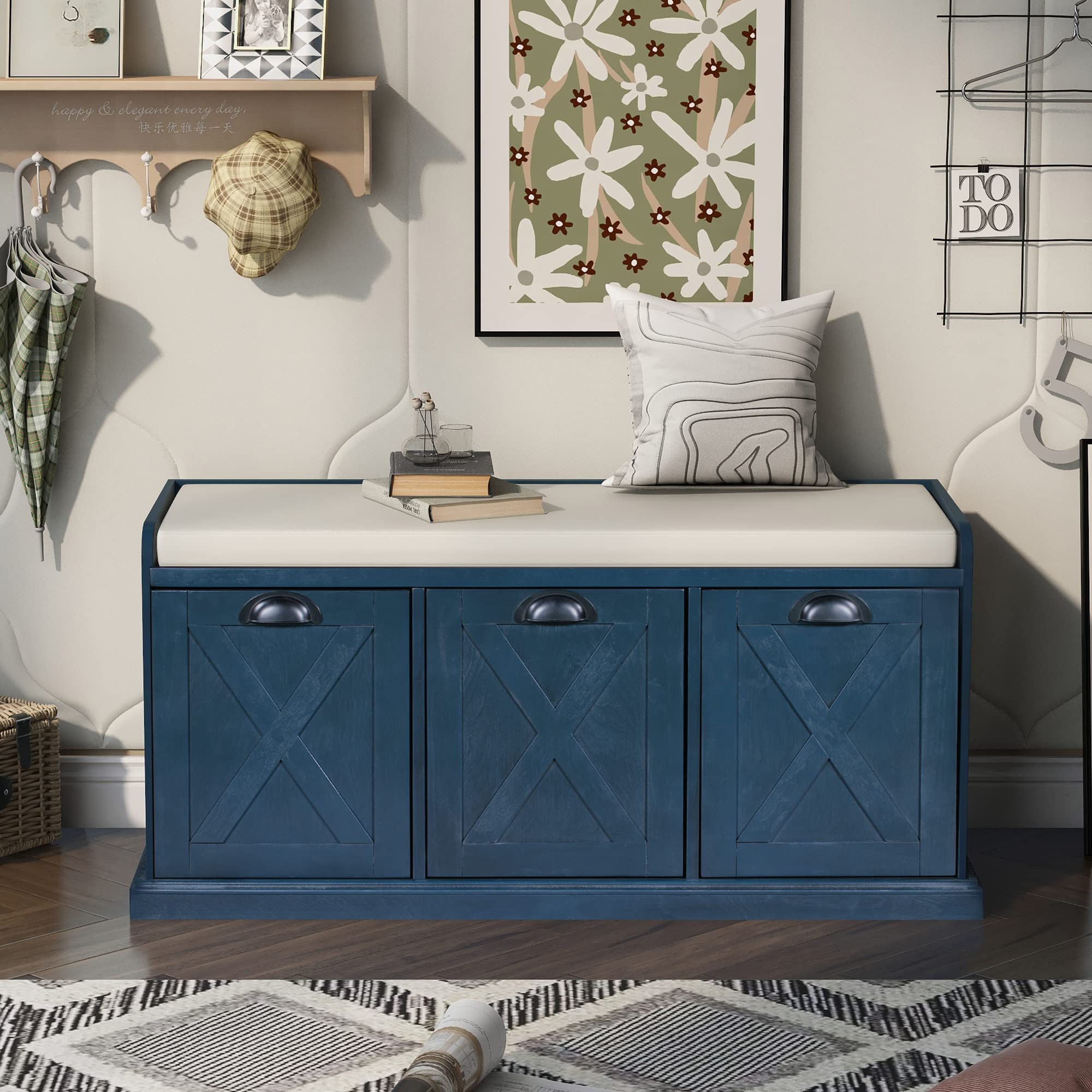 Rustic Solid Wood Storage Bench with 3 Drawers & Velvet Removable Cushion - Entryway Shoe Bench for Hallway, Living Room (Espresso) | Perfect for Small Space Organization & Home Decor