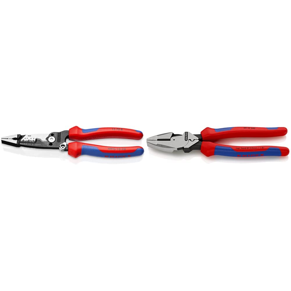 KNIPEX 8-Inch & 9.5-Inch Forged Wire Stripper - Ultra-High Leverage Lineman's Pliers with Fish Tape Puller and Crimper - Professional Electrician Tools for Wiring, Cable Installation and Electrical Repairs