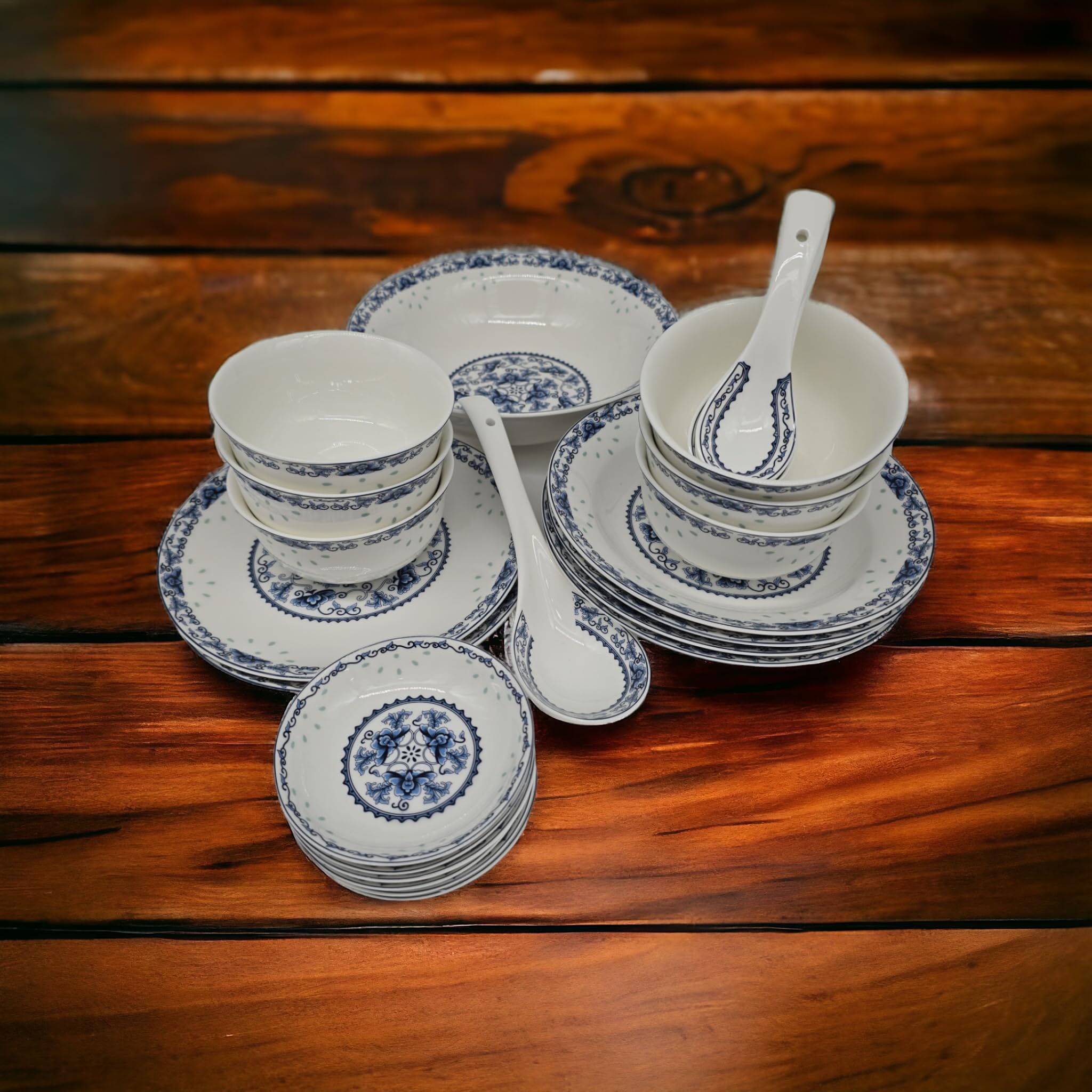 28-Piece Blue and White Bone China Dinnerware Set - Service for 6 with Rice Bowls - Handcrafted Jingdezhen Porcelain (Blue Lotus) - Elegant Tableware for Weddings, Restaurants & Special Occasions