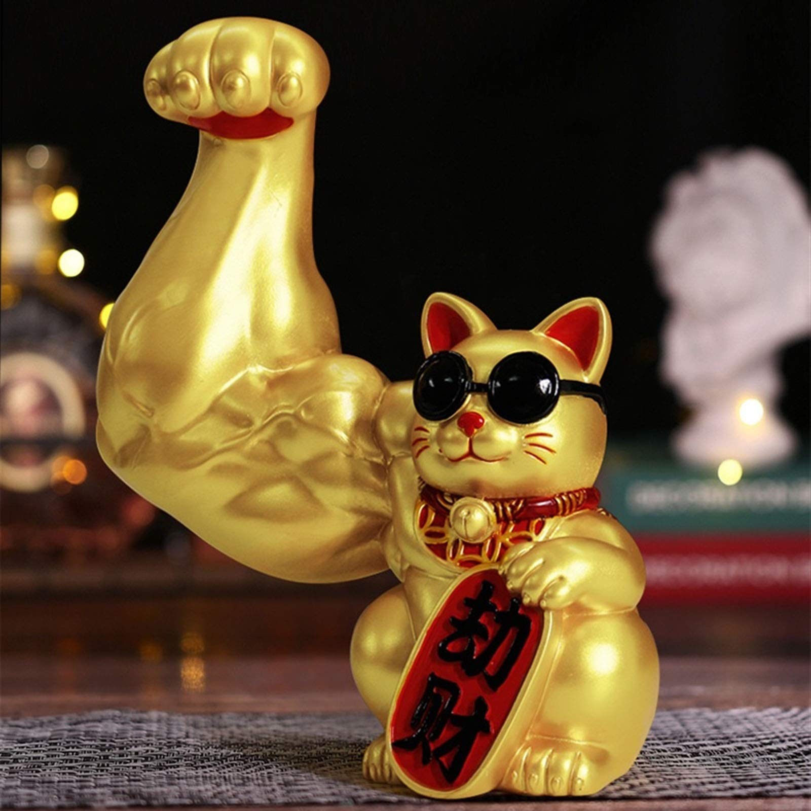 Gold Lucky Cat Statue - Fortune Welcoming Wealth Decoration for Home & Office | Strong Giant Arm Muscle Arm Opening Gift | Perfect for Feng Shui, Desk Decor & Good Luck Gifts