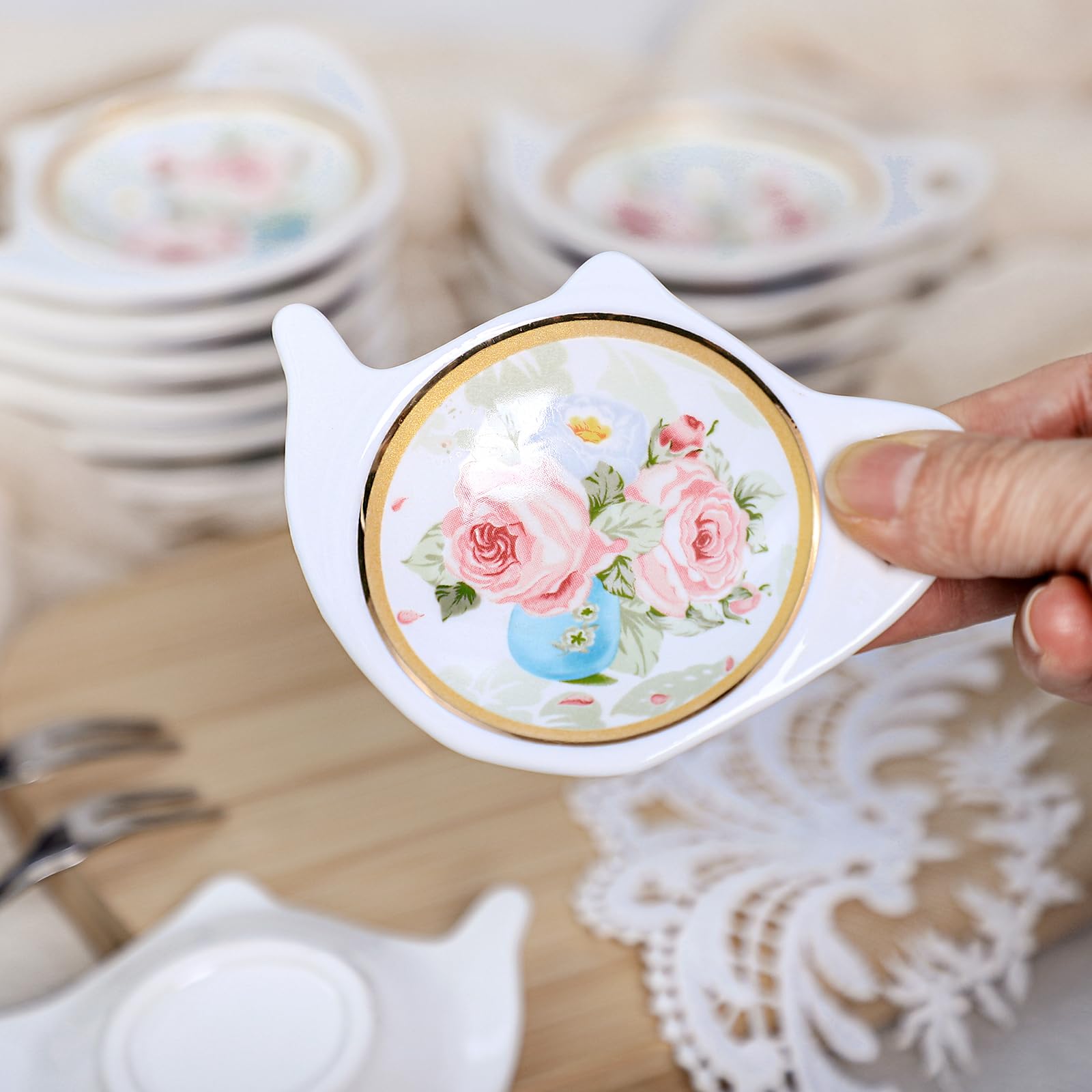 Elegant Floral Tea Bag Holder with Gold Trim - Porcelain Teapot-Shaped Coaster & Saucer Set (4 Inch/10cm, 10-Pack) - Perfect for Afternoon Tea, Gifts, and Kitchen Decor