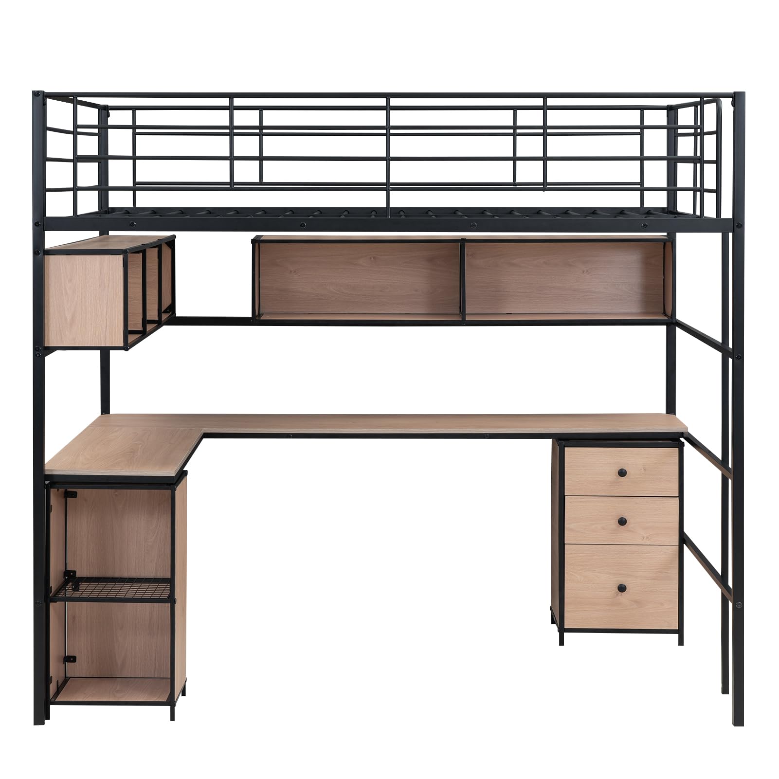Full Size Loft Bed with Desk & Storage - Metal Bed Frame with Bookcase & Cabinet - Space Saving Black Loft Bed for Small Rooms, Dorm, Studio Apartments & Kids Bedroom