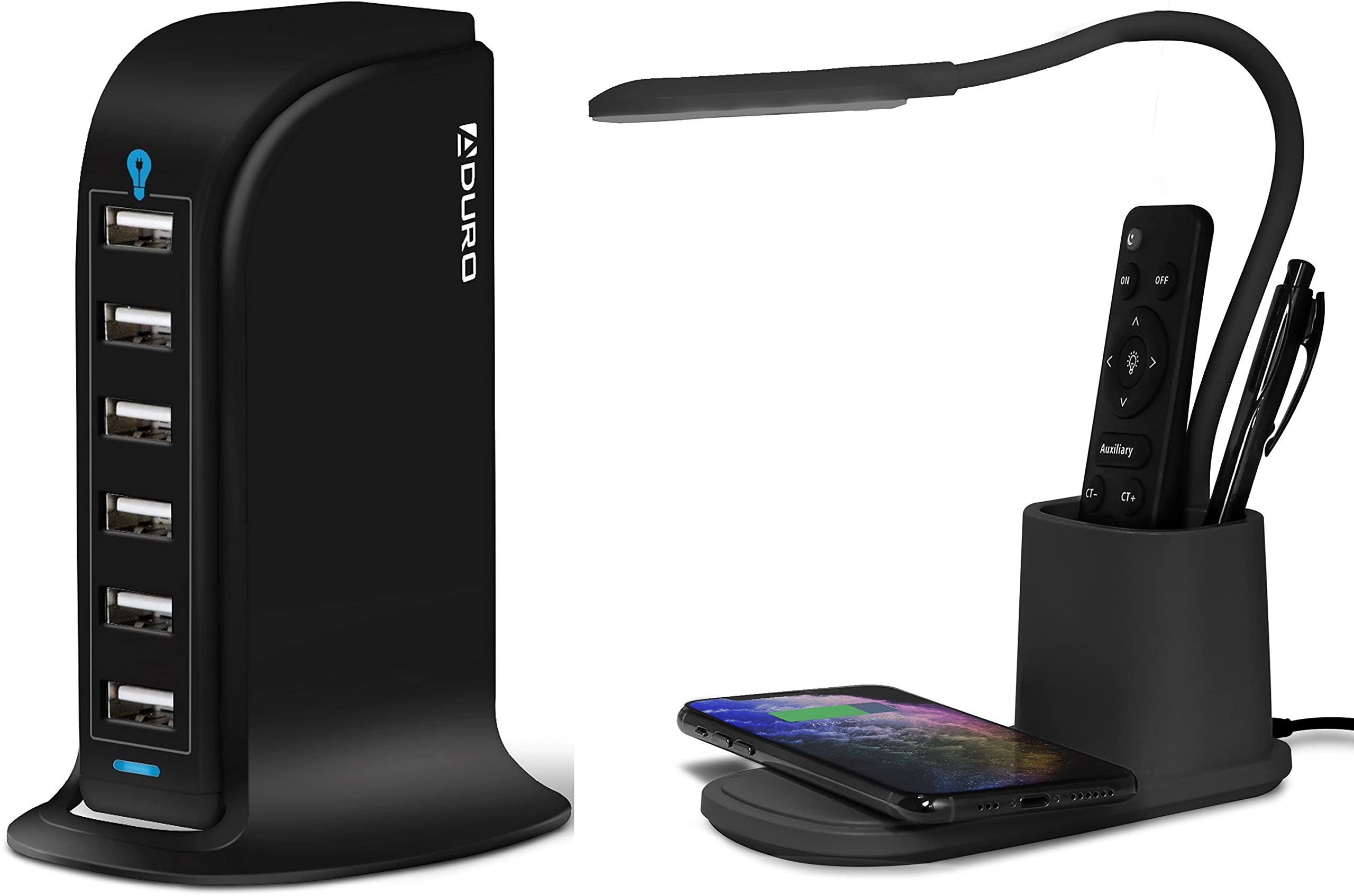 Aduro 40W 6-Port USB Desktop Charging Station with U-Light LED Desk Lamp - Wireless Charger, Dimmable Eye-Caring Light for Home Office, Bedroom & Nightstand (Black) - Fast Charging Hub & Stylish Desk Organizer