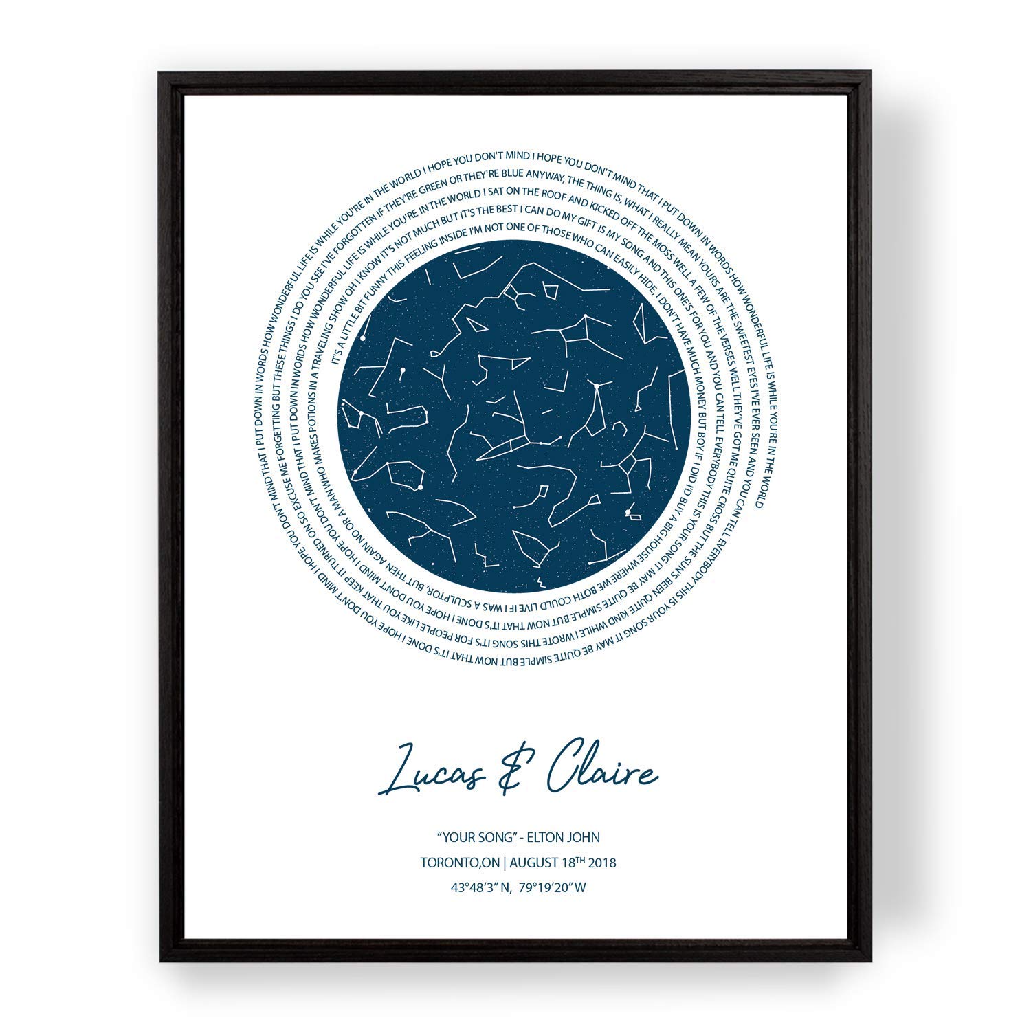 Custom Star Map Print with Lyrics - Personalized Anniversary Gift, First Dance Song Poster, Night Sky Art for Wife - Framed Engagement Vows Wall Decor | Perfect for Wedding Anniversaries, Romantic Home Decor & Special Occasion Gifts