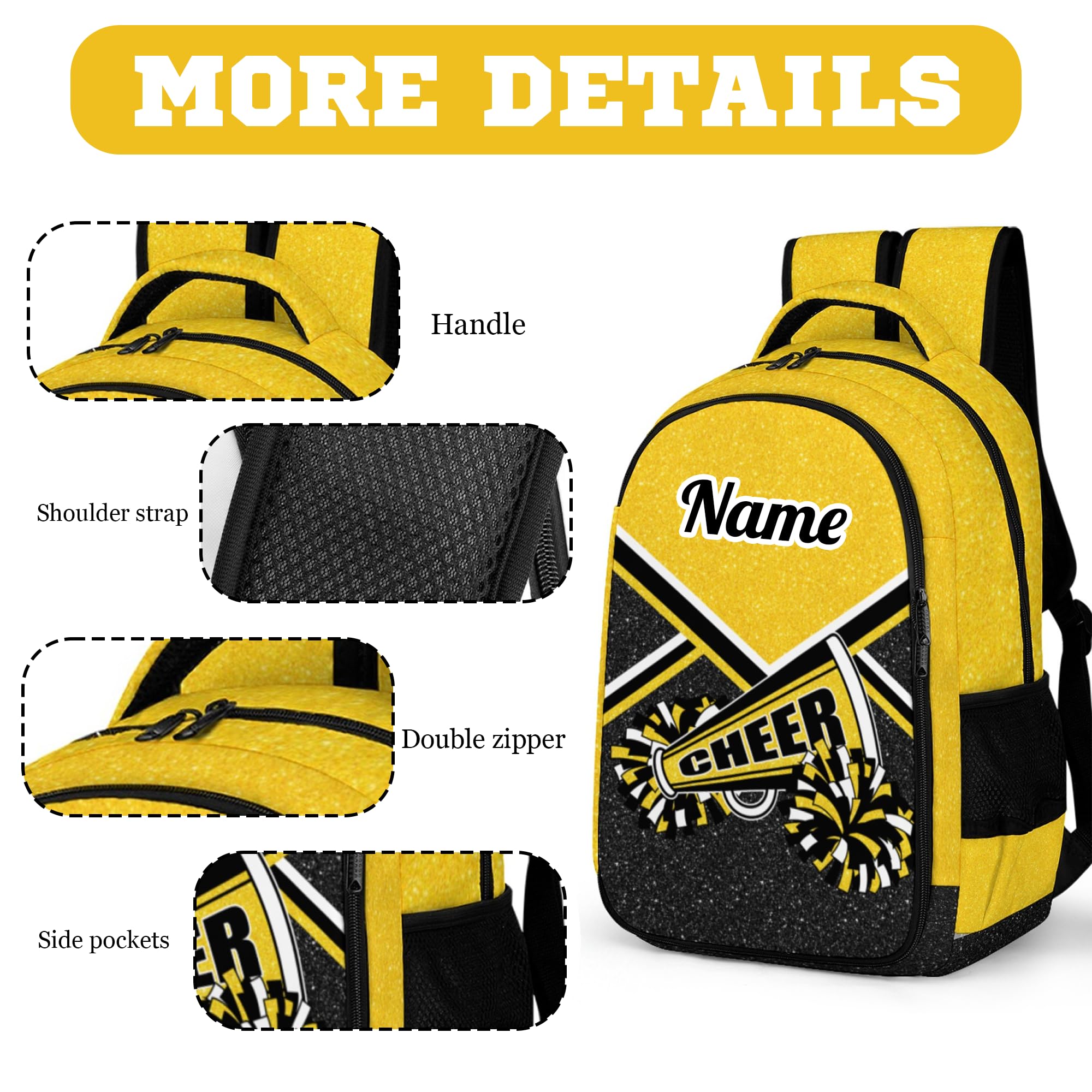 Custom Cheerleader Backpack with Name - Personalized Cheerleading Backpack for Women & Girls - Gold Glitter Sports Bag for Gym, School, and Cheer Competitions