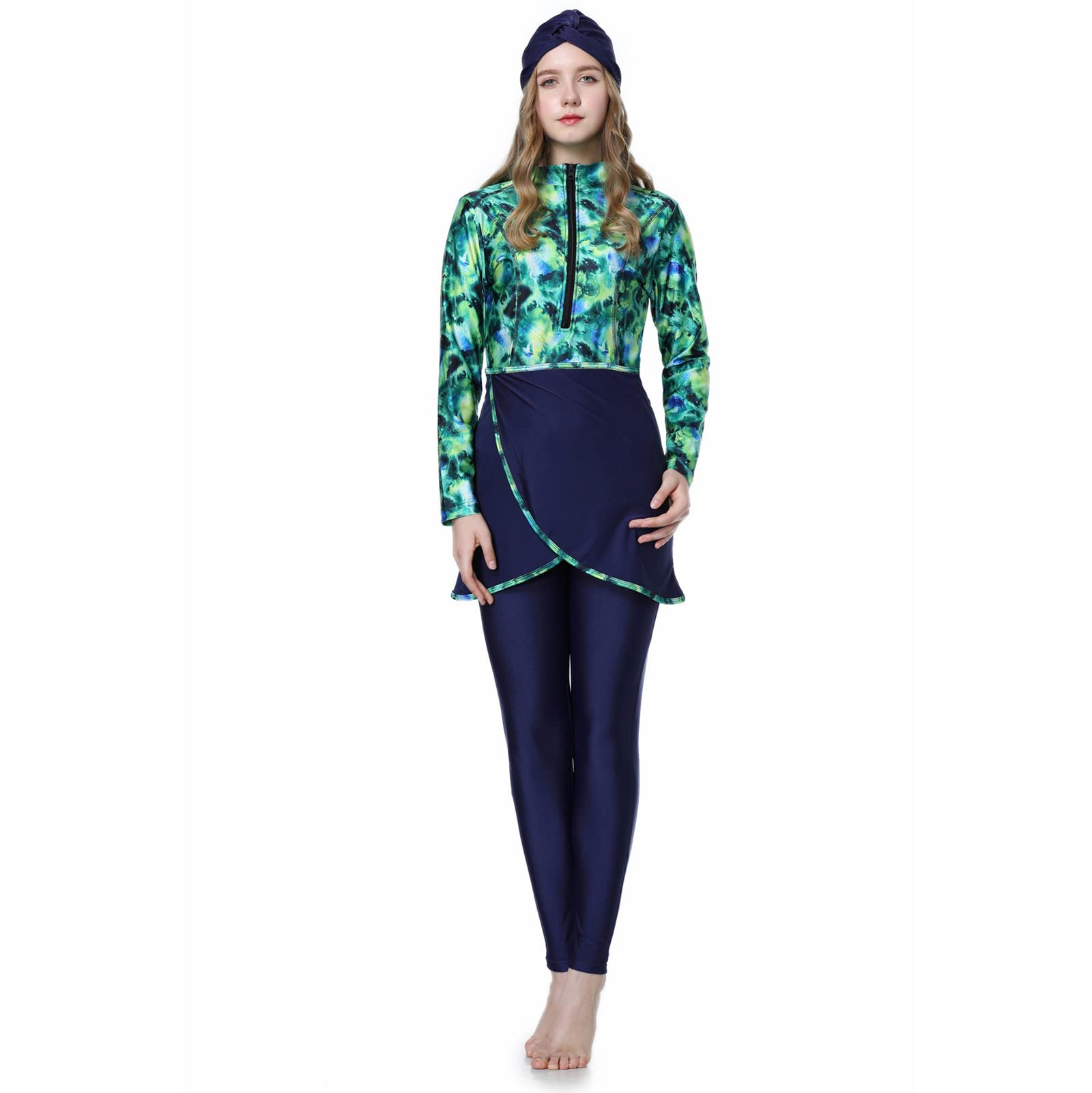 Rayuwen Women's Modest Muslim Swimwear - Long Sleeve Burkini Swimsuit Dress with Hijab, 3-Piece Islamic Swimwear Set for Beach, Pool & Water Sports