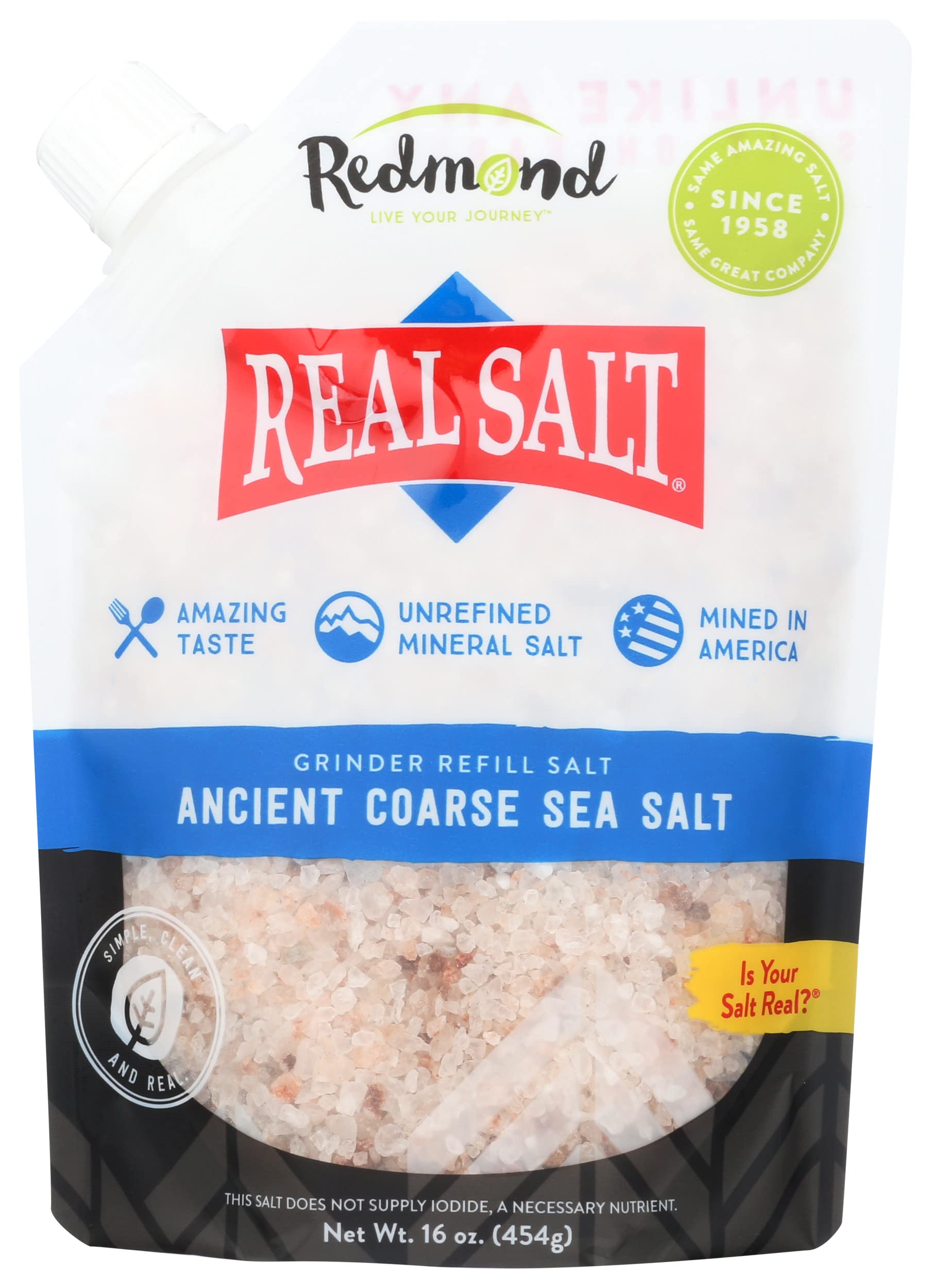 Redmond Real Sea Salt - Natural Unrefined, Gluten Free Coarse Salt, 16 Ounce Pouch (6 Pack) - Perfect for Cooking, Baking & Seasoning