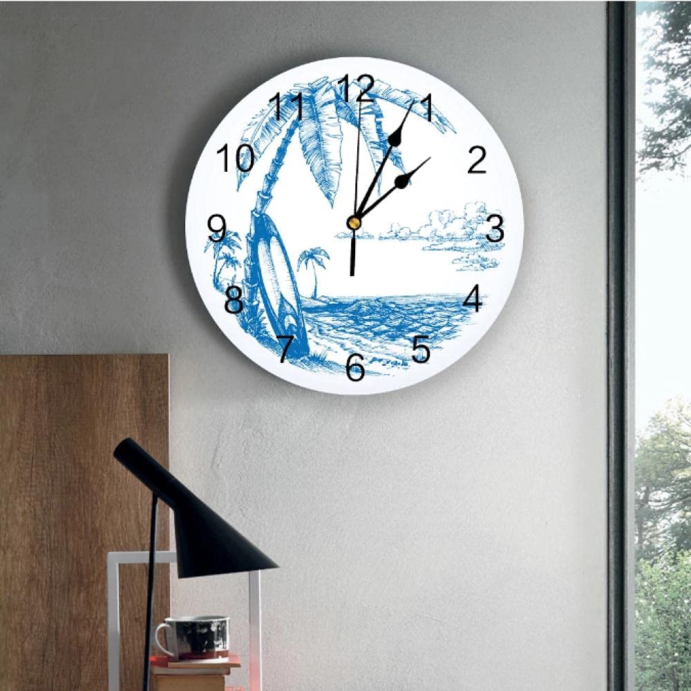 JKLMZYT Surfing Beach Coconut Tree PVC Wall Clock - Modern Silent Non-Ticking 10 Inch Round Wall Clock for Home, Bedroom & Living Room Decor - Perfect for Beach House, Tropical Theme or Vacation Inspired Interior Design