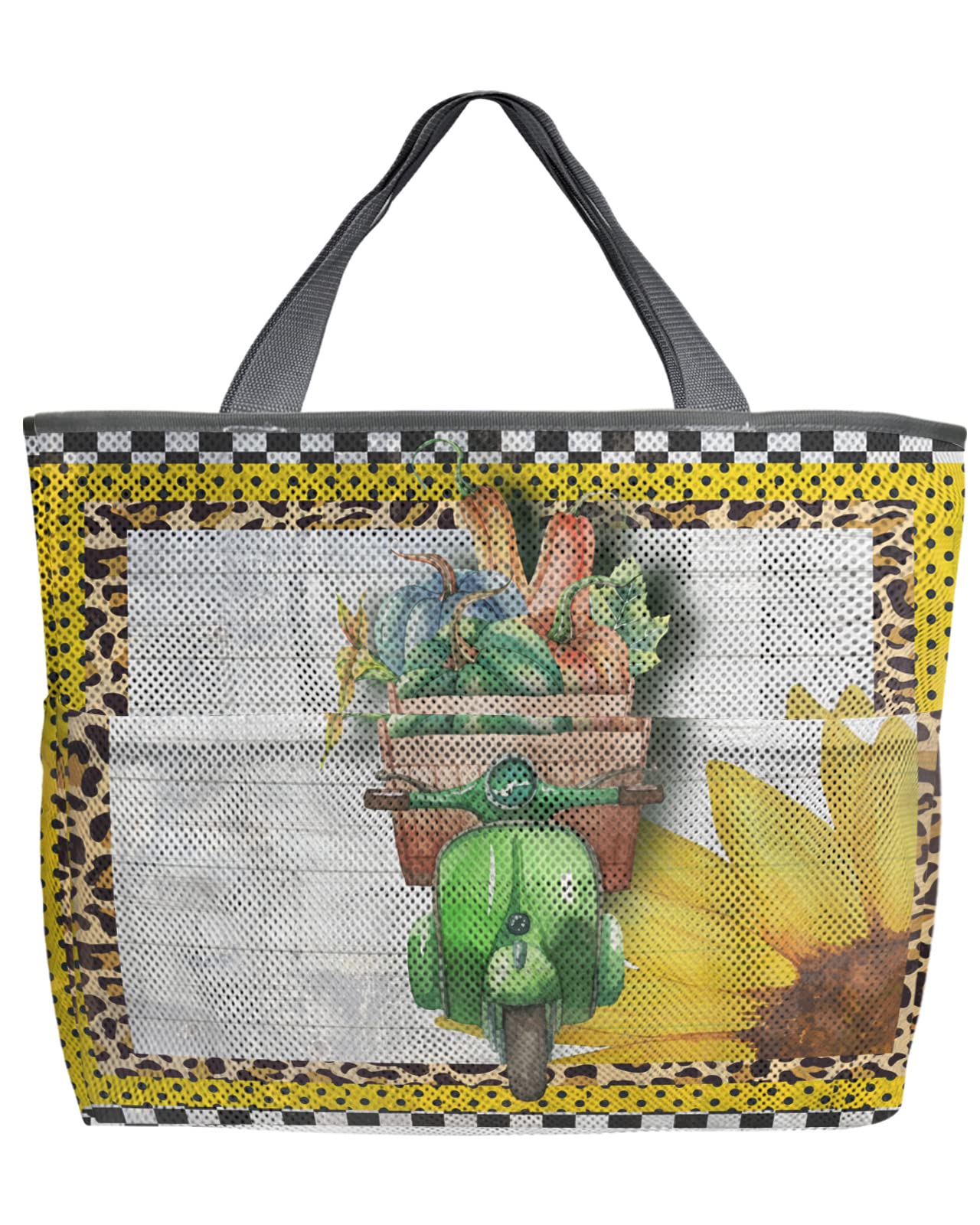 60L Oversized Mesh Beach Tote Bag - Quick Dry Foldable Swim Bag with Pockets | Pumpkin & Sunflower Wood Oil Painting Design | Perfect for Beach, Pool, Grocery Shopping & Storage | 24