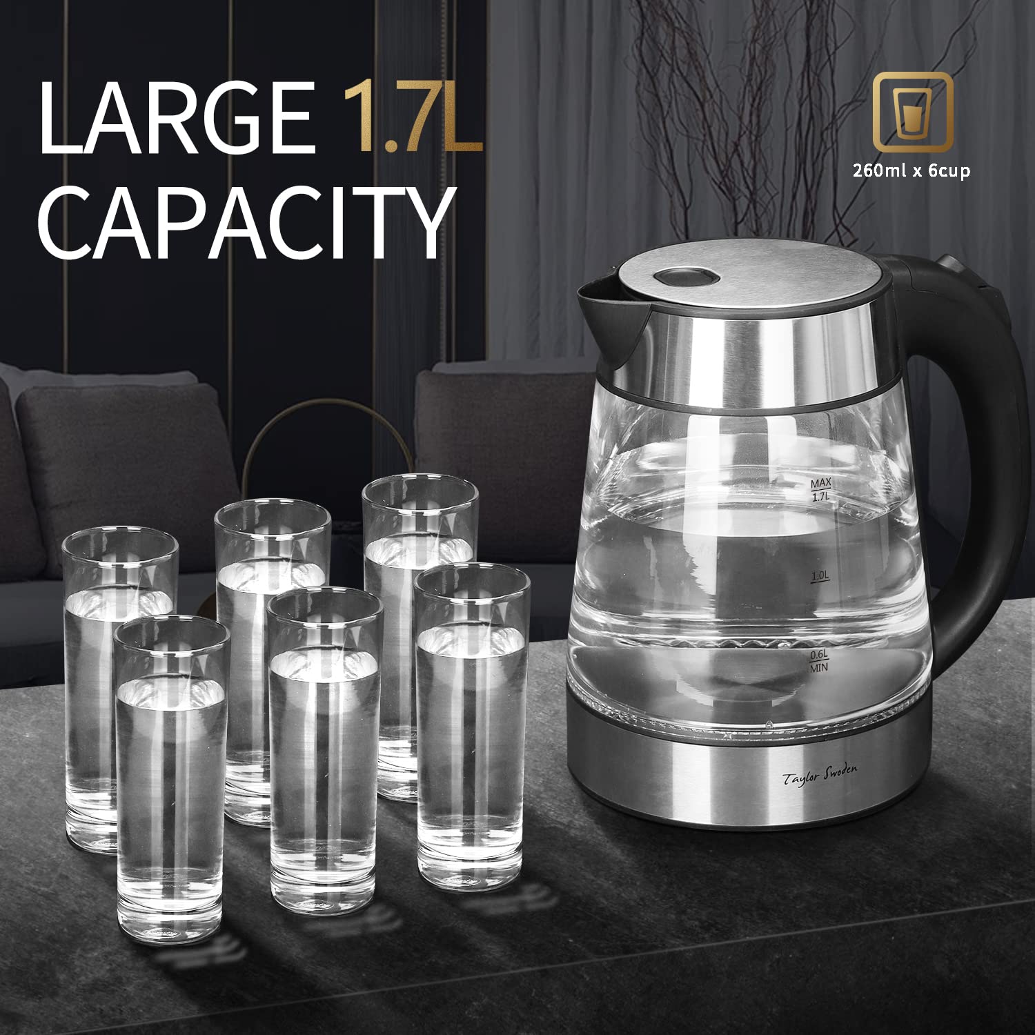 Taylor Swoden 1.7L Electric Glass Kettle - Fast Boiling Cordless Water Heater for Tea & Coffee with Auto Shut Off & Boil-Dry Protection - Perfect for Home, Office & Dorm Use