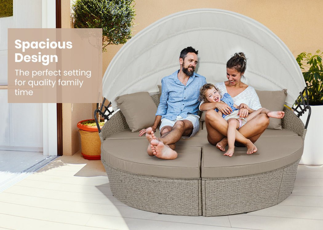 5-Piece Round Wicker Daybed Lounge Set with Canopy - Beige Outdoor Furniture for Patio, Garden, Poolside Relaxation & Boho Decor