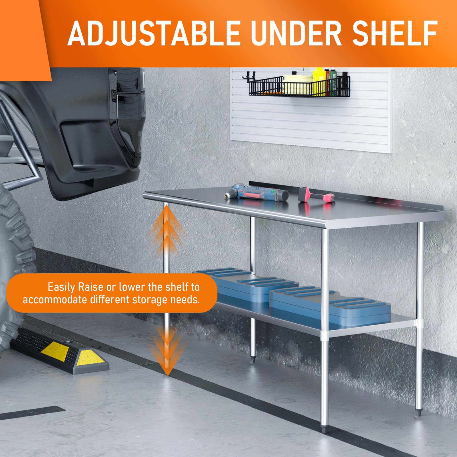 Premium Stainless Steel Work Table 24x60 Inches - Adjustable Shelf & Backsplash - Heavy Duty Commercial Kitchen Prep Table for Restaurant, Food Prep, Garage, Laundry Room & Outdoor BBQ Cooking - Easy to Clean Utility Table
