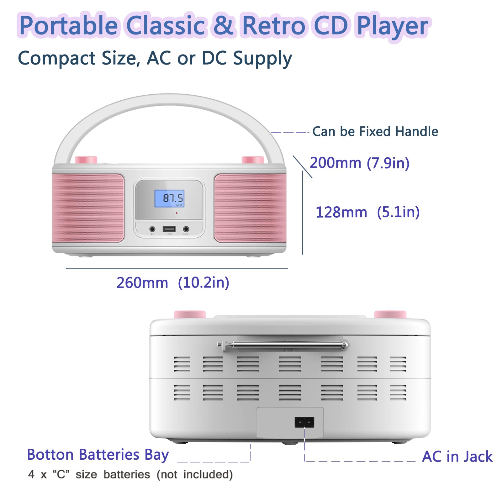 Portable Bluetooth CD Player Boombox with FM Radio, Remote Control, USB & AUX Input - Plays CD-R/CD-RW/MP3/WMA - AC/Battery Powered (WTB-791) - Perfect for Home, Office, Travel & Outdoor Parties