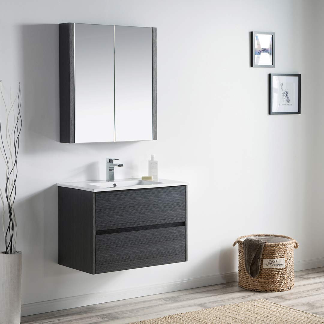 30 Inch Floating Bathroom Vanity with Sink & Mirror - Solid Wood Wall Mounted Vanity Cabinet in Silver Grey - Perfect for Small Bathrooms, Powder Rooms & Modern Home Decor (30