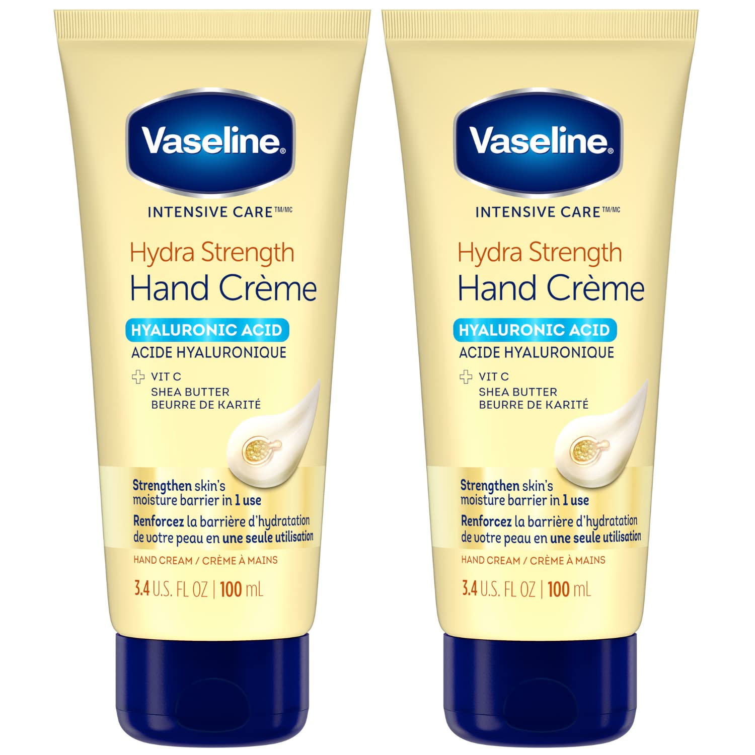 Vaseline Hydrating Hand Cream for Dry Skin - Hyaluronic Acid, Vitamin C & Shea Butter Moisturizing Lotion | Intensive Repair & Nourishment | 3.4 Oz (Pack of 2) | Perfect for Winter Care, Cracked Hands & Overnight Treatment