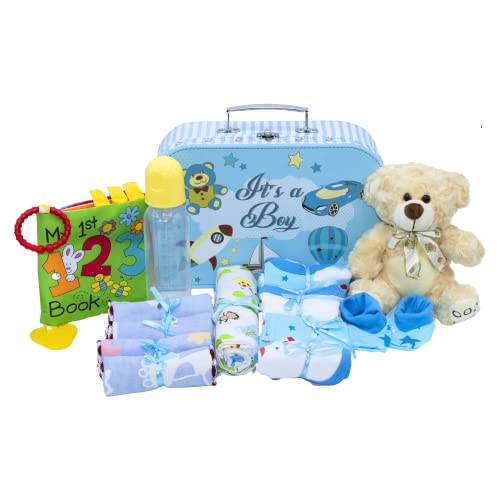 Premium Baby Boy Gift Set - Blue Layette Essentials & Keepsake Suitcase Box | Newborn Travel Outfit & Nursery Must-Haves | Perfect Christening, Baby Shower or Welcome Home Gift
