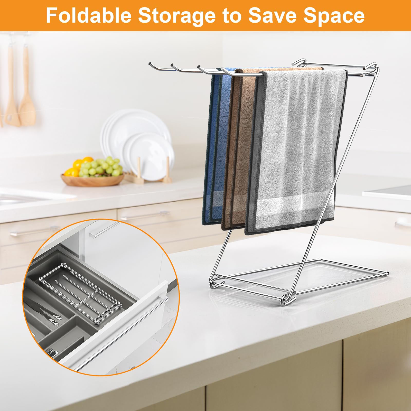 4-Arm Z-Shaped Folding Kitchen Towel Holder Stand - Free Standing Countertop Dish Towel Rack for Bathroom & Kitchen - Hand Towel & Washcloth Drying Organizer - Perfect for Drying Dishes, Napkins & Cleaning Cloths After Cooking or Washing
