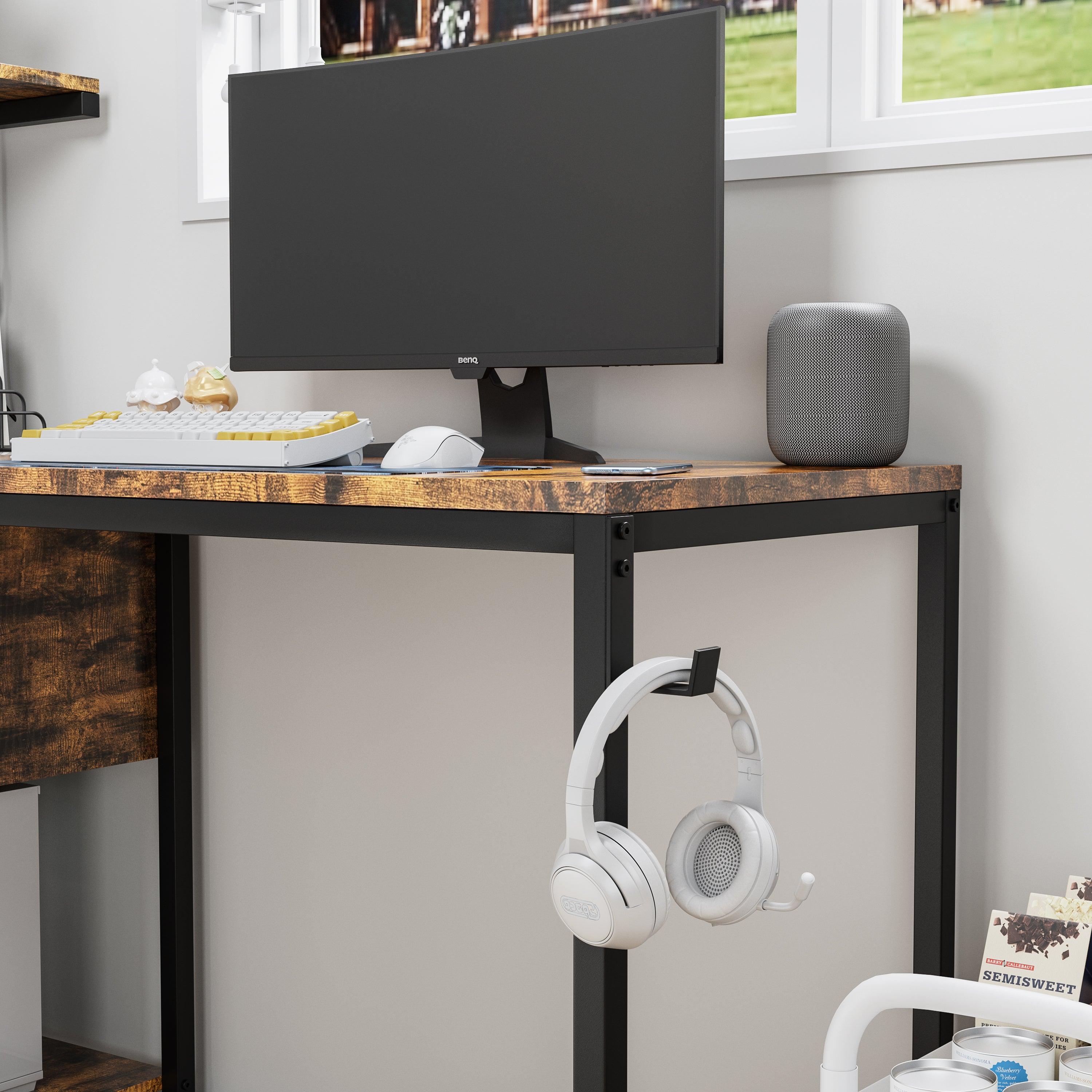 Ergonomic Computer Desk with Built-in Power Outlet & USB Charging Station | Home Office Desk with Storage Shelves | Study Writing Workstation for Small Spaces (Brown) - Perfect for Remote Work, Gaming Setup & Online Learning