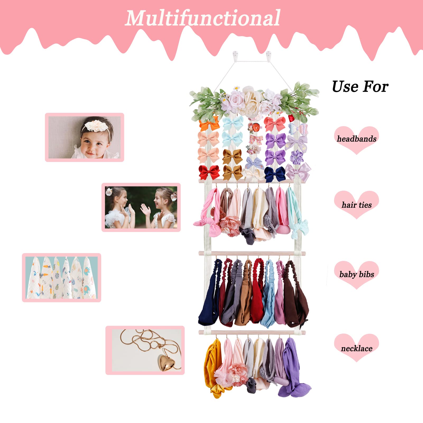 Flower Hair Bow Holder for Girls - Baby Headbands Organizer & Hair Accessories Storage - Wall Mounted Nursery Decor for Toddler Rooms (Perfect for Bedroom, Closet & Birthday Gift)